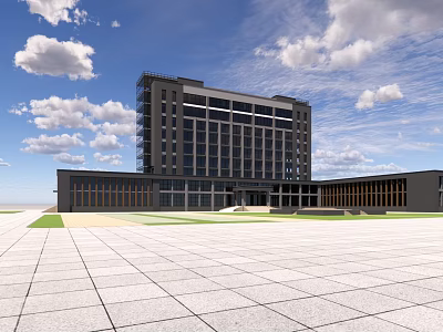 Modern Office Building Exterior With Glass Facade Large Windows And Open Plaza Under Blue Sky 3d model