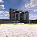 Modern Office Building Exterior With Glass Facade Large Windows And Open Plaza Under Blue Sky
