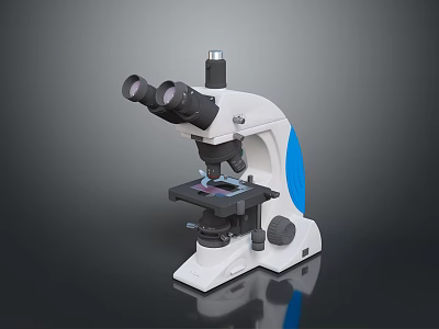 Laboratory Binocular Microscope With White Blue Body And Black Base Stage 3d model