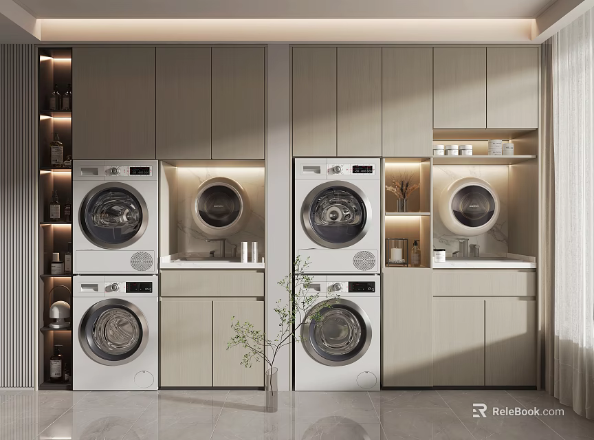 Modern Bathroom Cabinet Rack Design With Storage Shelves And Washing Machine Space 3d model 