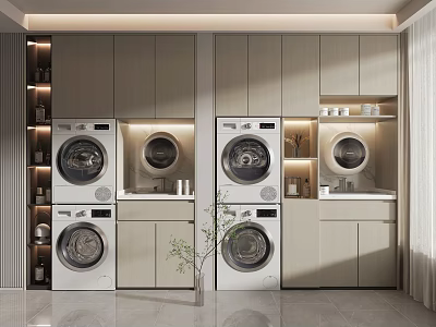 Modern Bathroom Cabinet Rack Design With Storage Shelves And Washing Machine Space 3d model