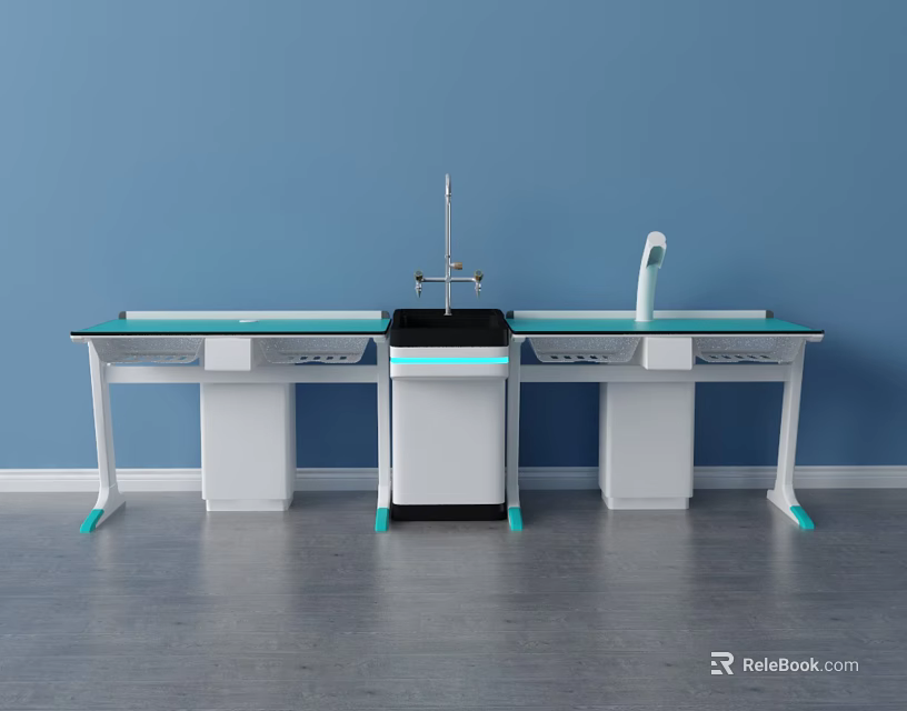 Functional Table with White and Green Design Blue Background Wall Drawers and Central Faucet Structure 3d model 
