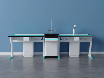 Functional Table with White and Green Design Blue Background Wall Drawers and Central Faucet Structure 3d model