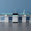 Functional Table with White and Green Design Blue Background Wall Drawers and Central Faucet Structure