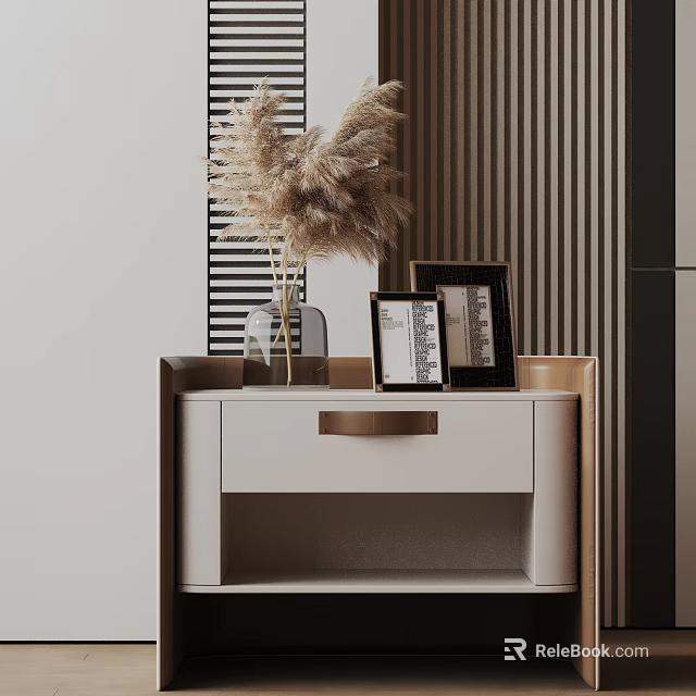 Modern White Side Table With Dried Pampas Grass Vase And Photo Frames On Striped Wall Panel 3d model 