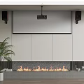 Projection Monitoring Setup With Projector Projection Screen Speakers And Fireplace In Modern Interior