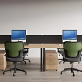 Modern Office Desk Workspace With Multiple Workstations Green Ergonomic Chairs And Computer Monitors 3d model