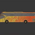Yellow Tour Bus With Orange Flame Patterns And Sleek Exterior Design