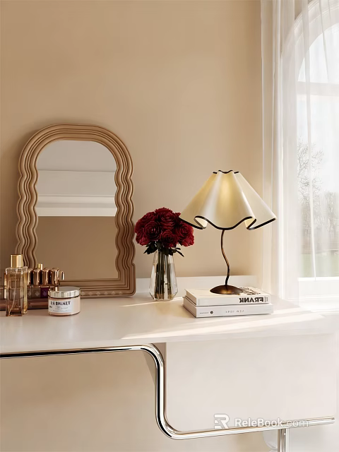 Elegant Table Lamp with Ruffled Shade on White Dressing Table with Red Roses and Mirror 3d model 