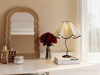 Elegant Table Lamp with Ruffled Shade on White Dressing Table with Red Roses and Mirror 3d model