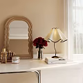 Elegant Table Lamp with Ruffled Shade on White Dressing Table with Red Roses and Mirror