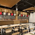 Modern Restaurant Interior With Wooden Ceiling Menu Boards Display Counters And Dining Tables 3d model