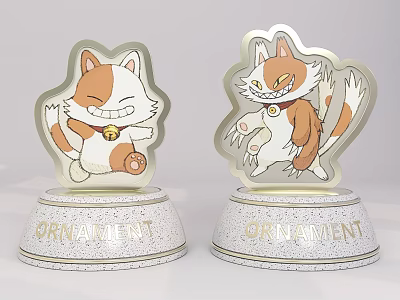 Two Decorative Cartoon Cat Ornaments Different Poses With Silver Glitter Base And Golden Accents 3d model