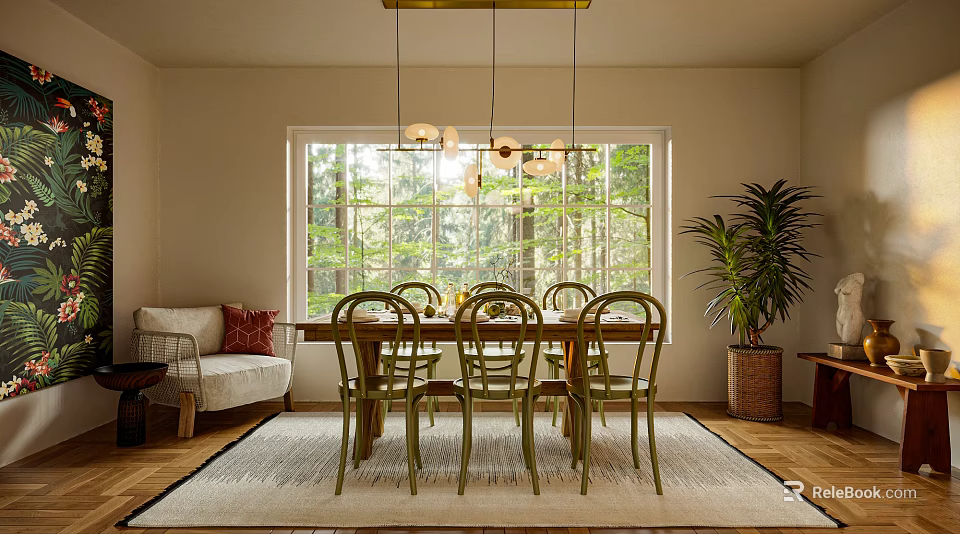 Bright Modern Restaurant Interior With Wooden Dining Table Green Chairs Pendant Lights And Large Window 3d model 