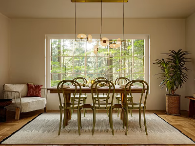 Bright Modern Restaurant Interior With Wooden Dining Table Green Chairs Pendant Lights And Large Window 3d model