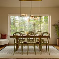 Bright Modern Restaurant Interior With Wooden Dining Table Green Chairs Pendant Lights And Large Window