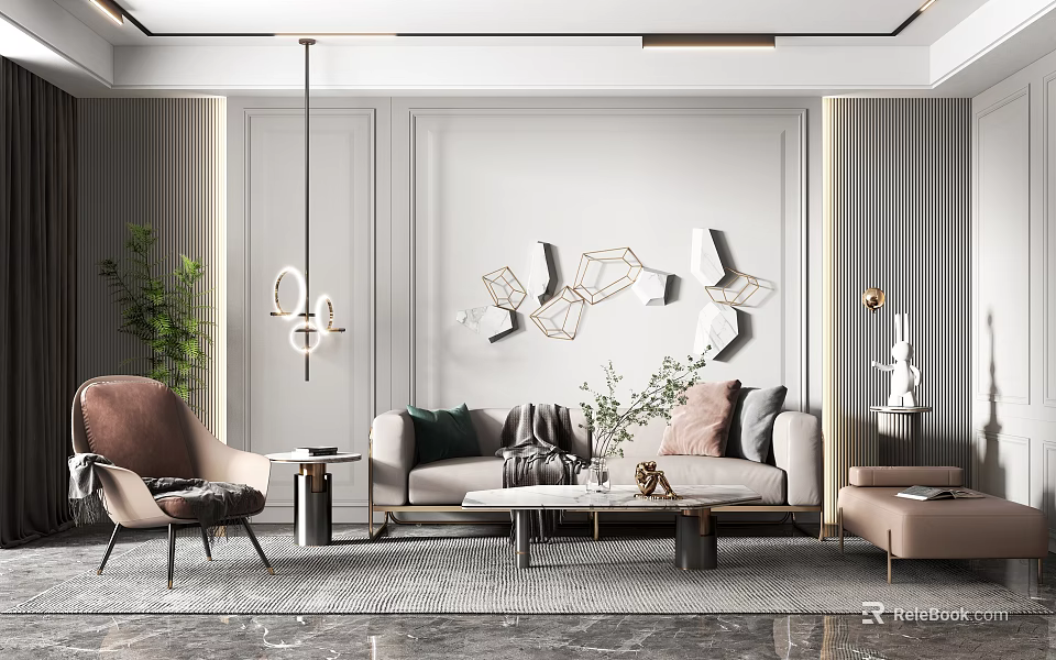 Elegant Modern Living Room Interior With Sofa Coffee Table And Geometric Wall Decor 3d model