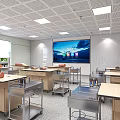 School Science Classroom With Student Workstations Large Screen Display And Ceiling Lights 3d model