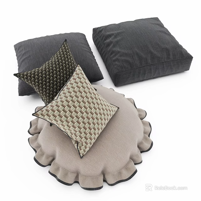 Decorative Pillows Featuring Gray Beige Checkered Patterns and Round Ruffled Edge Design 3d model
