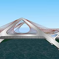 Modern Bridge With Unique Geometric Design Spanning Sparkling Water Under Sunset Sky And Clouds