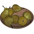 Several Fresh Yellowish Green Pears With Stems On A Brown Plate