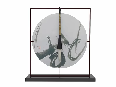 Elegant Ornamental Decor Set With Circular Plate Black Brush Strokes And Metal Frame Base 3d model