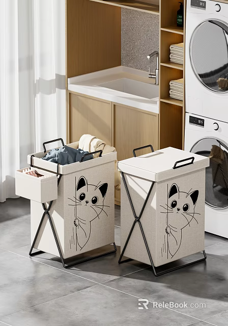 Foldable Cat Design Laundry Storage Baskets with Lids for Organizing Laundry Room 3d model 