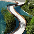 Curved White Bridge In Natural Landscape With Water And Trees