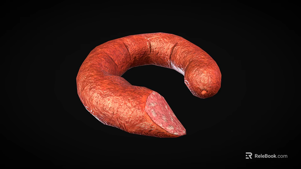 Red Curved Sausage With Sliced End Exposed Meat Texture On Black Background 3d model 