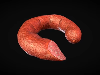 Red Curved Sausage With Sliced End Exposed Meat Texture On Black Background 3d model