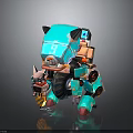 Blue Mechanical Creature With Small Red Eyed Orange Clad Animal Standing Together In 3D Render