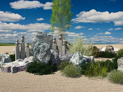 Natural Garden Ornamental Arrangement With Large Rocks Stone Statues Tall Tree And Greenery 3d model