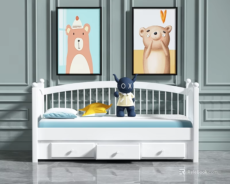 White Kids Bed with Storage Drawers Blue Pillow Yellow Plush Toy and Cartoon Bear Paintings 3d model 