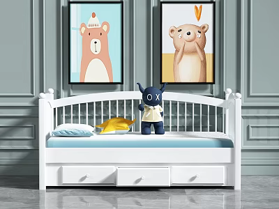 White Kids Bed with Storage Drawers Blue Pillow Yellow Plush Toy and Cartoon Bear Paintings 3d model