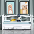 White Kids Bed with Storage Drawers Blue Pillow Yellow Plush Toy and Cartoon Bear Paintings