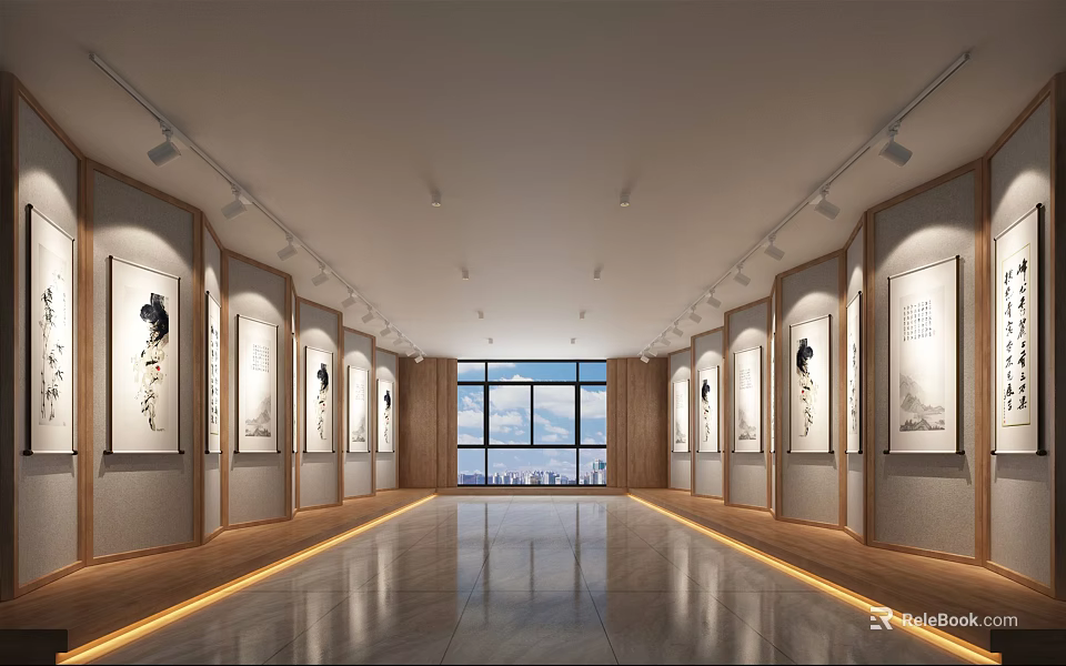 Spacious Exhibition Hall With Art Paintings Spotlights And Windows At The End 3d model 