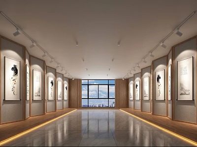 Spacious Exhibition Hall With Art Paintings Spotlights And Windows At The End 3d model