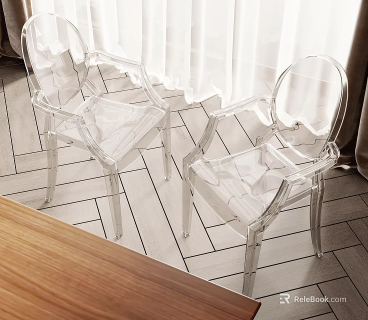 Two Transparent Leisure Chairs On Wooden Floor With White And Brown Curtains 3d model 