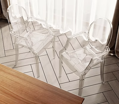 Two Transparent Leisure Chairs On Wooden Floor With White And Brown Curtains 3d model