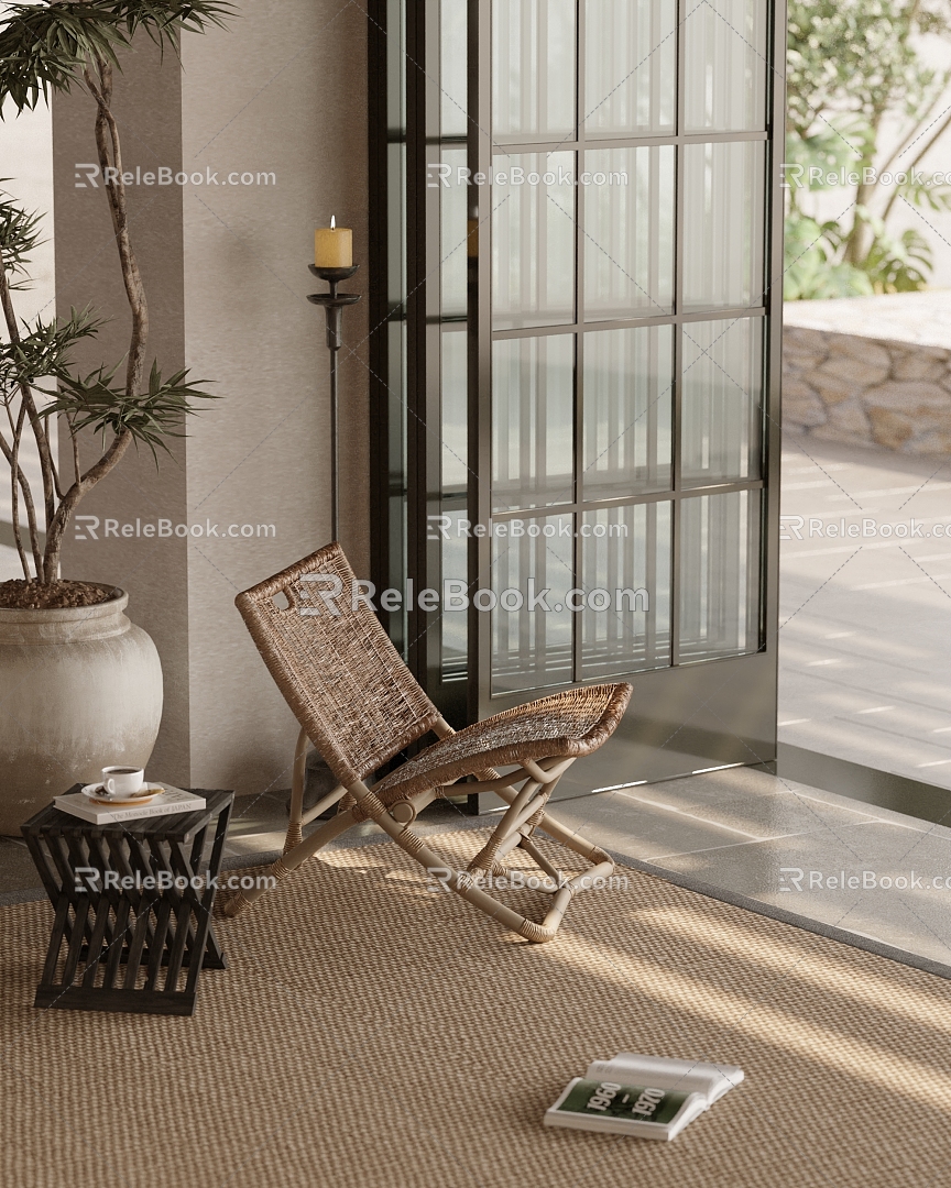 Quiet Wooden Rattan Leisure Chair 3d model