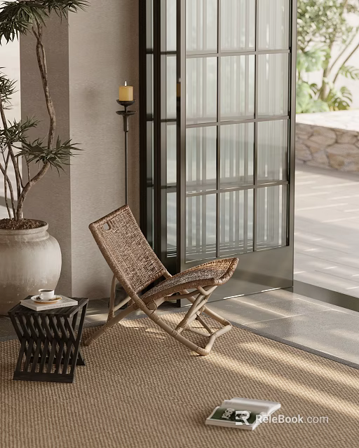 Rattan Leisure Chair with Wooden Frame in Outdoor Patio Near Glass Door and Side Table 3d model 