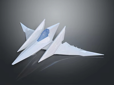 Futuristic White Abstract Sculpture With Multiple Sharp Wings And Blue Transparent Section On Dark Background 3d model