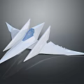 Futuristic White Abstract Sculpture With Multiple Sharp Wings And Blue Transparent Section On Dark Background 3d model