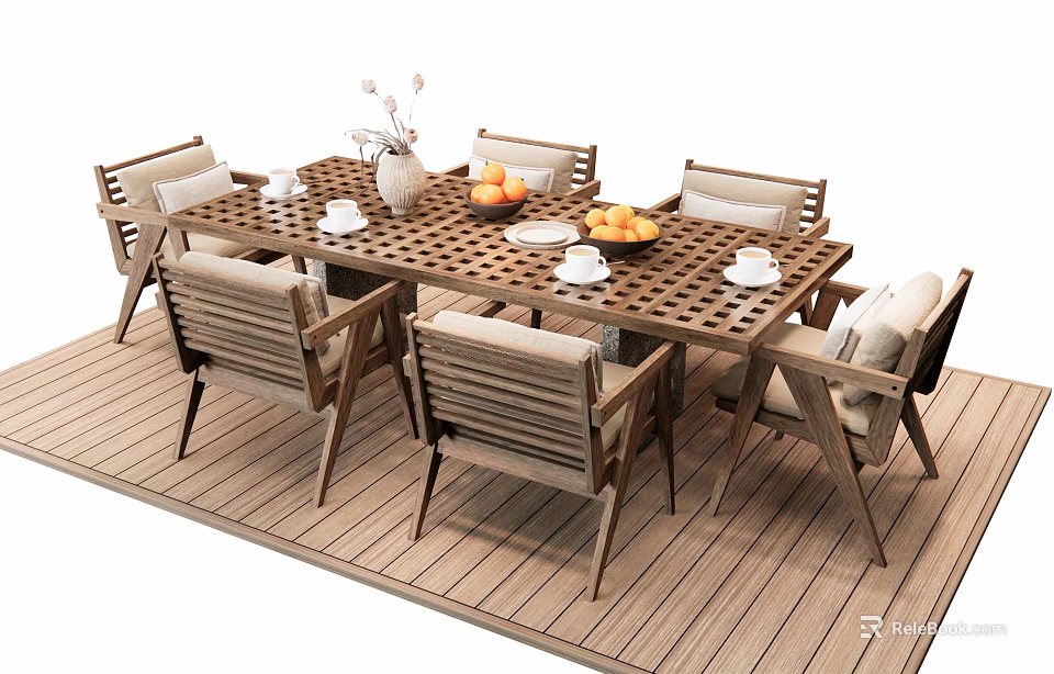 Wooden Outdoor Table With Chairs And Cushions On Deck Featuring Fruits Vase And Cups 3d model 