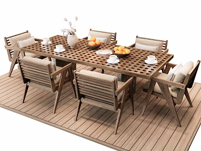 Wooden Outdoor Table With Chairs And Cushions On Deck Featuring Fruits Vase And Cups 3d model