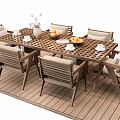 Wooden Outdoor Table With Chairs And Cushions On Deck Featuring Fruits Vase And Cups