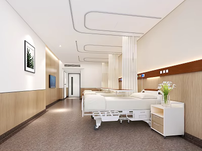 Modern Outpatient Clinic Ward With White Beds Wooden Walls Bedside Table And Flower Vase 3d model