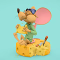 Cartoon Mouse Wearing Blue Eye Mask Green Shirt Holding Cheese On Yellow Cheese With Heart