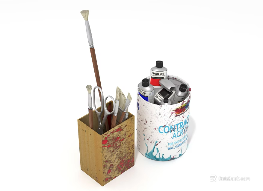 Wooden Pen Holder Containing Paintbrushes Scissors and Paint Can with Paint Stains 3d model 