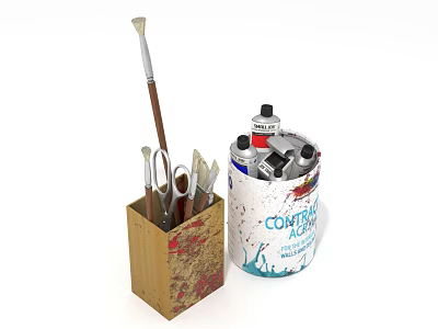 Wooden Pen Holder Containing Paintbrushes Scissors and Paint Can with Paint Stains 3d model